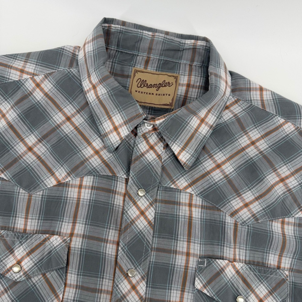 Wrangler Western Shirt Mens 2XL Grey Orange Plaid Short Sleeve Pearl Snap 0307